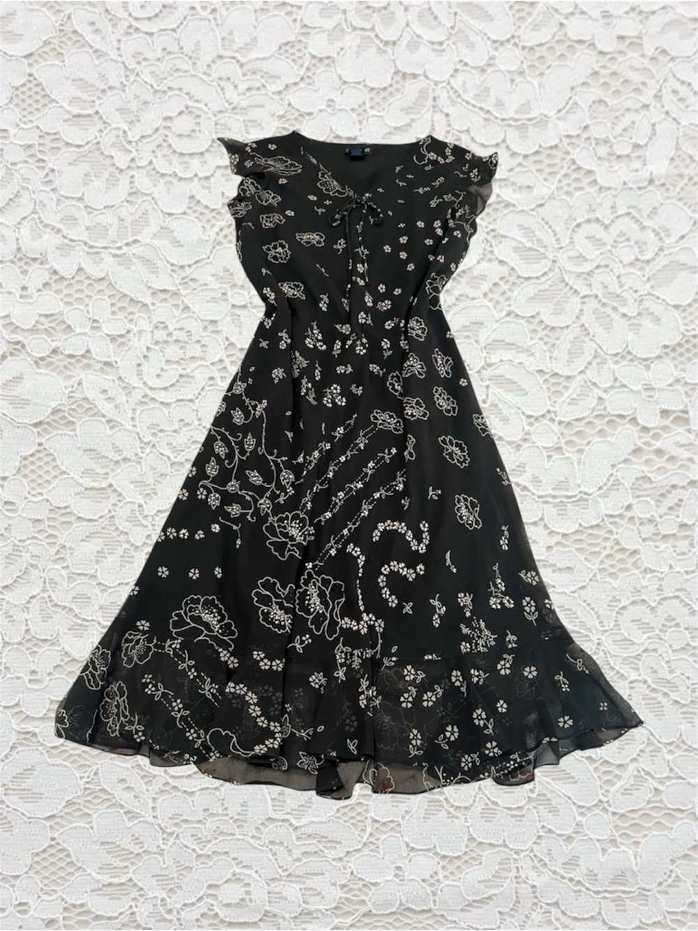 vintage black & white floral beaded midi dress with ruffle sleeves